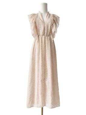 ZARA Lace Swiss Dot Maxi Dress Cream Ruffle Sleeve Boho Romantic XS Embroidered